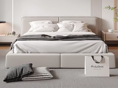 Double Bed with Light Gray Headboard White Pillows Checkered Blanket and Linen Closet Bag 3d model