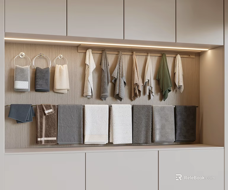 Various Color Soft Towels Hanging And Folded In Wooden Bathroom Cabinet With Hooks 3d model 