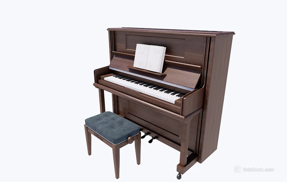 Brown Wooden Upright Piano With Padded Stool And Music Sheet On Surface 3d model 