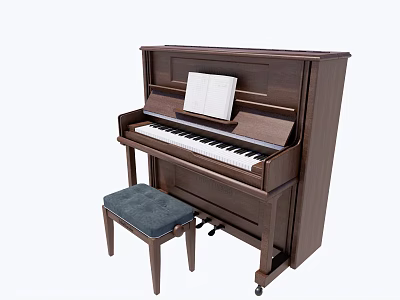 Brown Wooden Upright Piano With Padded Stool And Music Sheet On Surface 3d model