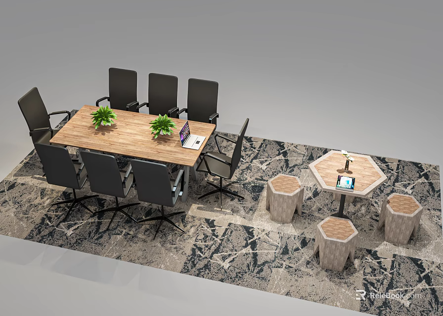Wooden Conference Table With Black Chairs Green Plants Laptop And Hexagonal Stools On Patterned Carpet 3d model 