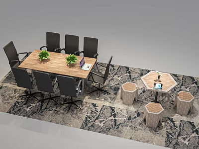 Wooden Conference Table With Black Chairs Green Plants Laptop And Hexagonal Stools On Patterned Carpet 3d model