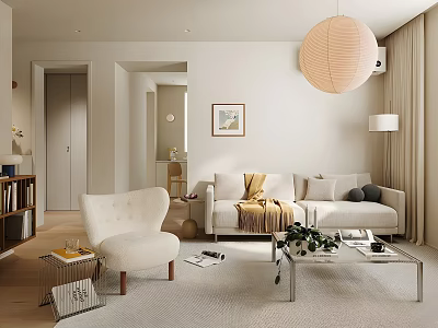 Modern Living Room Interior Design With Light Sofa Armchair Coffee Table And Pendant Light 3d model