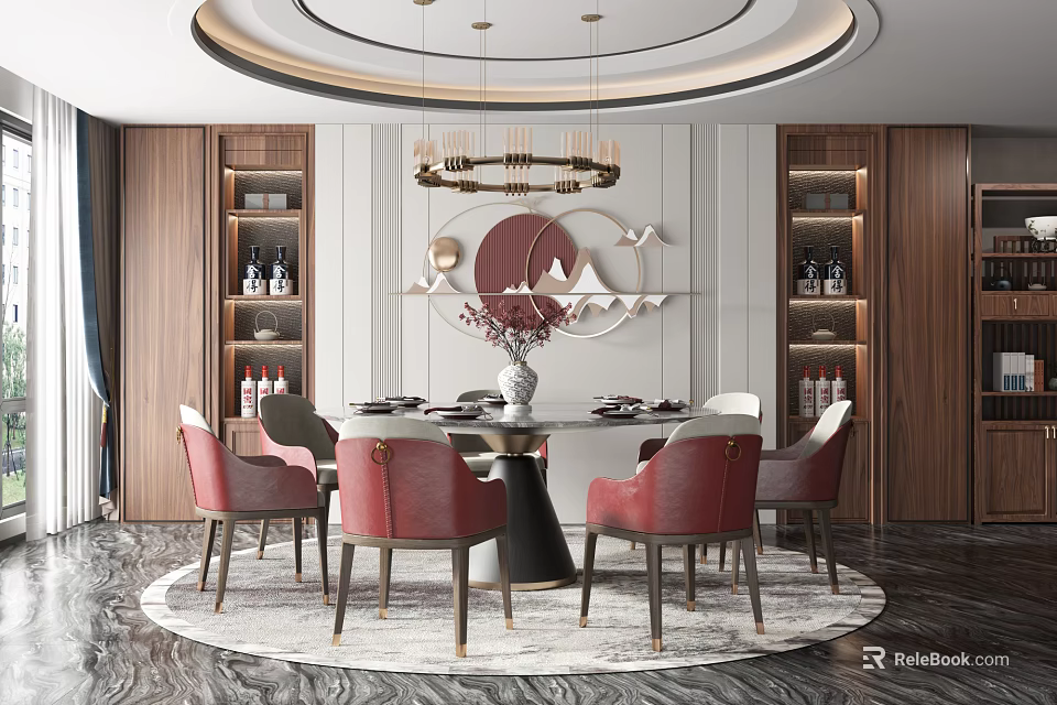 Modern Elegant Restaurant Dining Area With Round Table Red Chairs Chandelier And Wooden Wine Cabinets 3d model 
