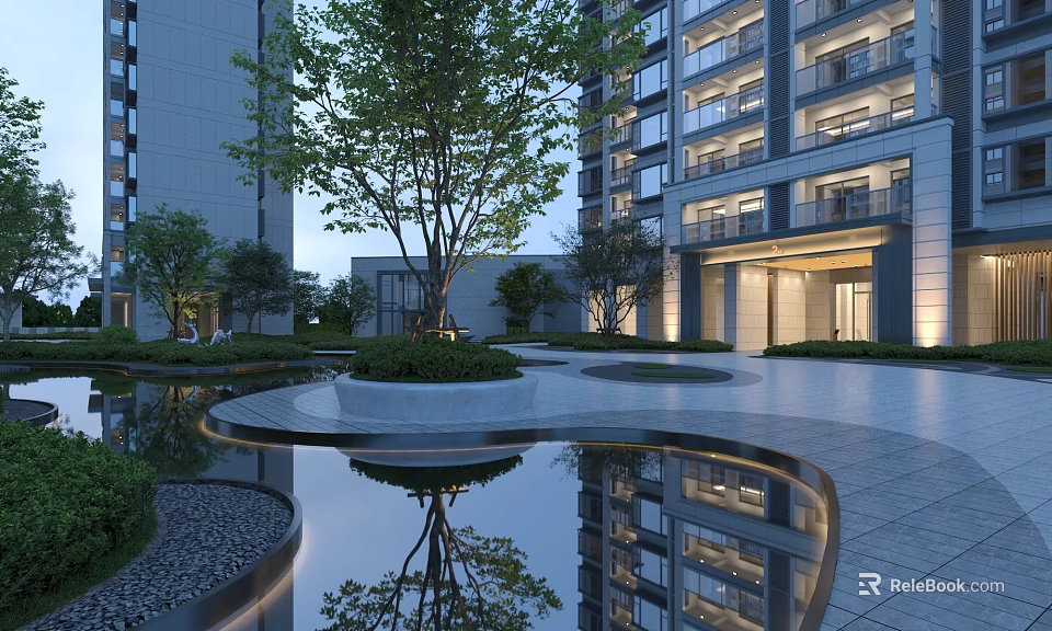 Modern Residential Building with Landscaped Courtyard Trees and Water Reflections 3d model 