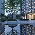 Modern Residential Building with Landscaped Courtyard Trees and Water Reflections