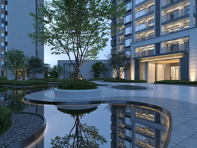 Modern Residential Building with Landscaped Courtyard Trees and Water Reflections 3d model