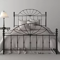 Double Bed White Metal Frame Headboard Design Light Blue Bedding Nightstand Lamp Black Option