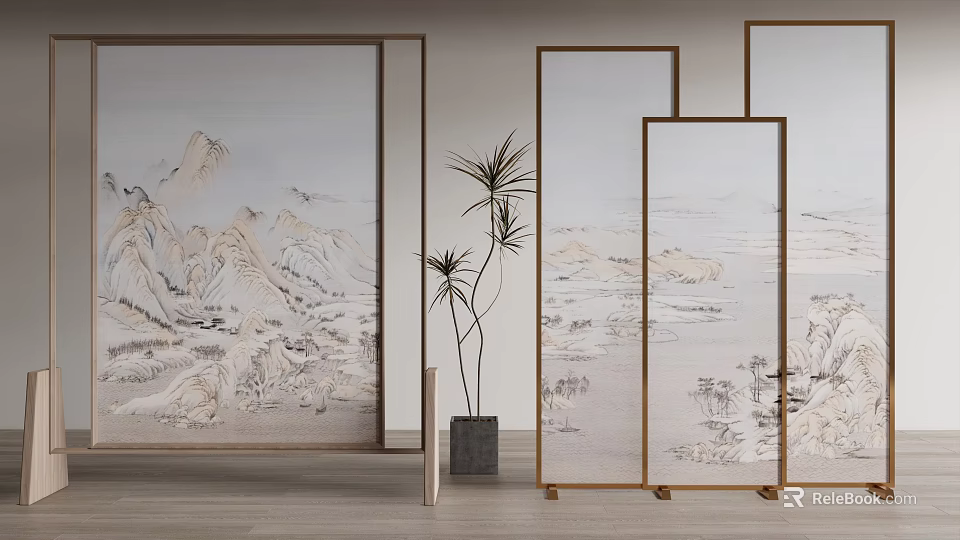 Traditional Chinese Room Divider Screen With Mountain Landscape And Golden Frame And Decorative Plant 3d model 