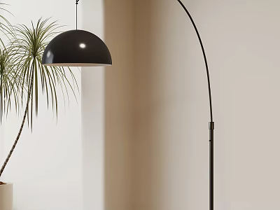 Black Arc Floor Lamp with Dome Shade Near Palm Plant in Light Colored Wall Room 3d model