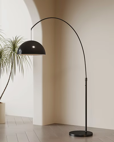 Black Arc Floor Lamp with Dome Shade Near Palm Plant in Light Colored Wall Room 3d model