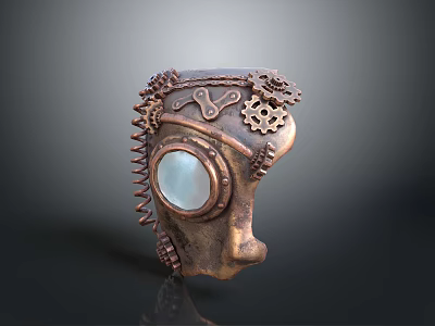 Steampunk Animal Head Sculpture With Copper Metal Gears And Round Transparent Lens Eye 3d model