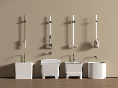 Bathroom Accessories with Mop Broom Cleaning Tools and White Buckets on Beige Wall Wooden Floor 3d model