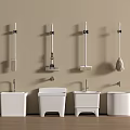 Bathroom Accessories with Mop Broom Cleaning Tools and White Buckets on Beige Wall Wooden Floor