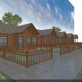 Row of Wooden Houses with Brown Roofs and Porch Railings in Green Lawn
