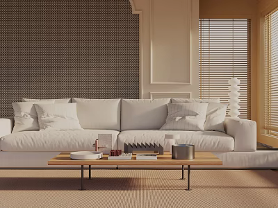 White Three-Seater Sofa With Pillows In Living Room With Wooden Coffee Table And Textured Wall 3d model