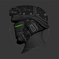 Futuristic Tactical Helmet Design With Green LED Lights And Detailed Armor Stand