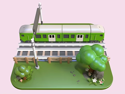 Green And White Train On Railway Track With Trees And Small Flowers Against Pink Background 3d model