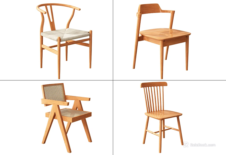 Modern Wooden Dining Chairs With Various Designs Different Backrest And Armrest Styles 3d model 