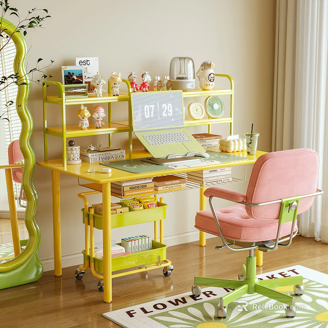 Yellow Desk Setup With Laptop Pink Chair Tiered Shelf And Decorative Figurines 3d model 