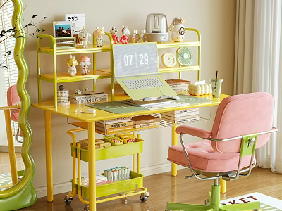 Yellow Desk Setup With Laptop Pink Chair Tiered Shelf And Decorative Figurines 3d model