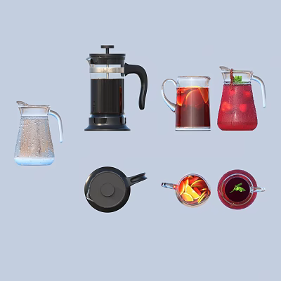 Beverages in Various Containers French Press Kettle Water Red Drinks with Lemon Slices Mint Leaves 3d model