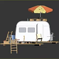 Leisure Camper Van On Wooden Platform With Umbrella Slide And Chairs