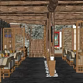 Traditional Chinese Interior Space With Wooden Ceiling Stone Walls Red Paintings And Beige Sofas