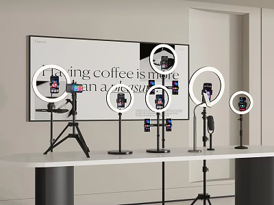 Modern Commercial Studio Equipment Setup With Ring Lights Phone Holders And Microphones 3d model
