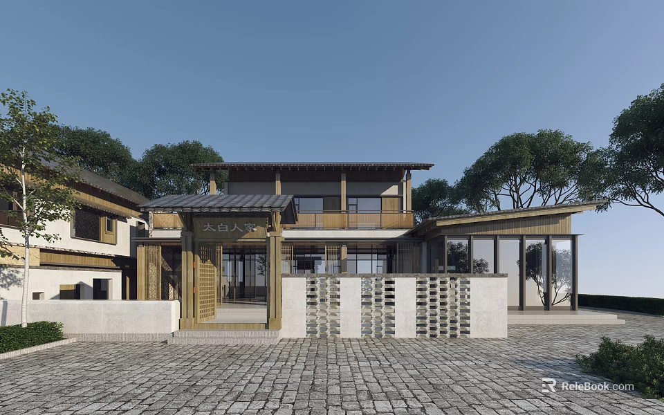 Traditional Modern Detached Villa With Wooden Sloped Roof Courtyard Stone Paved Ground And Trees 3d model 