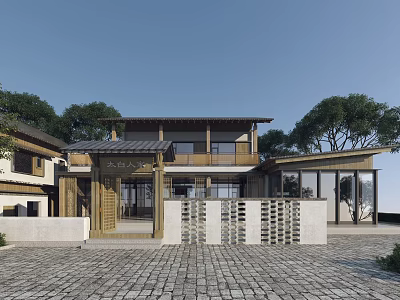 Traditional Modern Detached Villa With Wooden Sloped Roof Courtyard Stone Paved Ground And Trees 3d model
