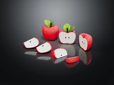 Fresh Red Apples Whole And Sliced On Black Background With Reflection 3d model