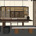 Elegant Modern Tea Room Interior With Wooden Table Bench And Shelves Displaying Tea Sets Books