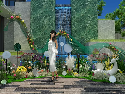 Floral Installation With Woman In White Dress Green Marble Waterfall Colorful Flowers And Curved Arch 3d model