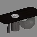 Modern Dining Table With Wooden Tabletop Curved Sculptural Base And Decorative Tray On Surface