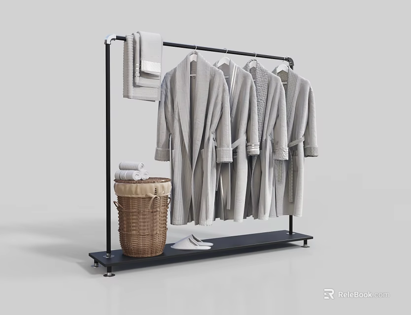 Clothing Rack with Hanging Light Gray Robes Side Towel Wicker Basket Towels and Slippers 3d model 