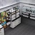 Modern Skin Care Display Shelves with Marble Walls Tiled Floor and Lighting