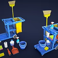 Blue Cleaning Carts With Brooms Spray Bottles Buckets And Cleaning Supplies