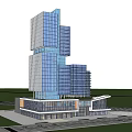 Modern High Rise Office Building With Glass Curtain Wall And Night Lighting