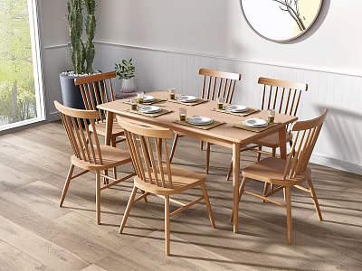 Wooden Dining Table Set with Six Chairs Plates and Green Plant in Bright Room 3d model