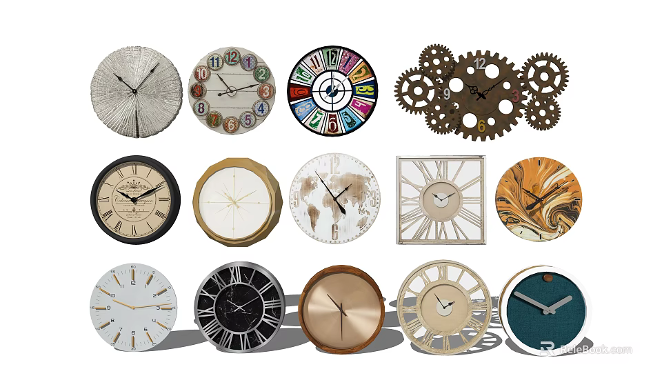 Various Decorative Clocks with Different Dial Designs Gear Elements and World Map Patterns 3d model 