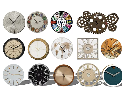 Various Decorative Clocks with Different Dial Designs Gear Elements and World Map Patterns 3d model