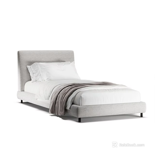 Sleek Modern Single Bed With Gray Fabric Headboard White Pillows And Gray Blanket 3d model 