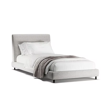 Sleek Modern Single Bed With Gray Fabric Headboard White Pillows And Gray Blanket 3d model