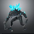 3D Fantasy Creature Character In Aggressive Stance With Blue Crystal Spikes And Mechanical Sharp Claws