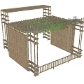 Bamboo Open Structure With Green Plant Covered Roof Supporting Frame And Bamboo Fence