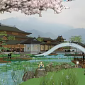Traditional Chinese Hotel Building With Illuminated Arch Bridge Pond And Natural Surroundings At Night