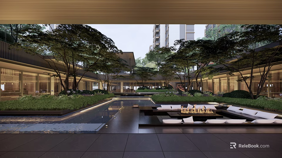 Serene Courtyard Garden With Lush Trees Water Feature And Modern Seating Area 3d model 