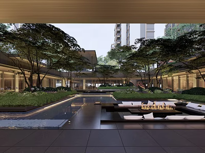 Serene Courtyard Garden With Lush Trees Water Feature And Modern Seating Area 3d model