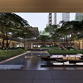 Serene Courtyard Garden With Lush Trees Water Feature And Modern Seating Area